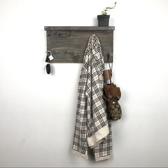 Rustic Coat Rack Shelf Key Chain Holder Boho Wood - Picture 2 of 6